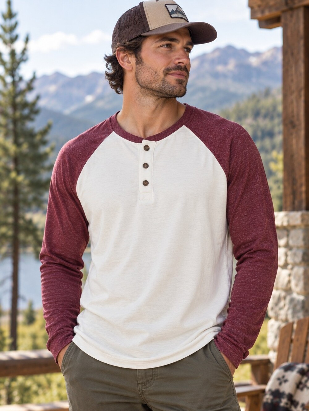 Marine Layer Baseball Henley Shirt Men's Small Cream Burgundy Long Sleeve Soft